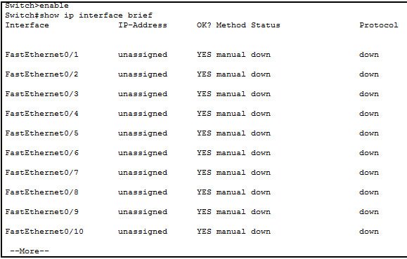 The show ip interface brief command on the 2960 switch