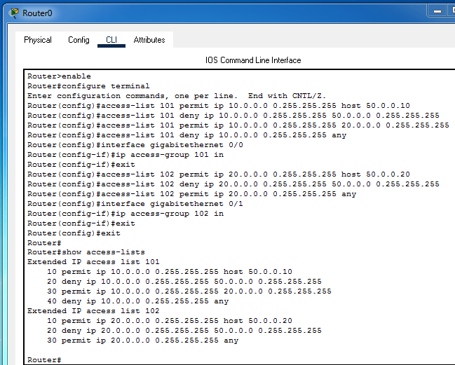 Verifying ACL entries on Router 0
