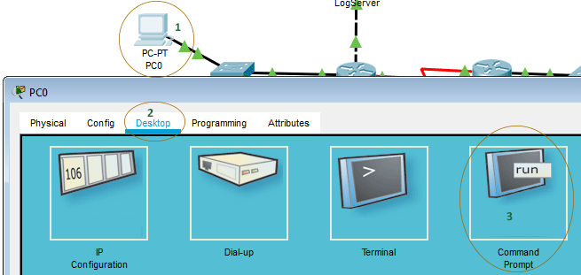 Opening the PC's command prompt in Packet Tracer.