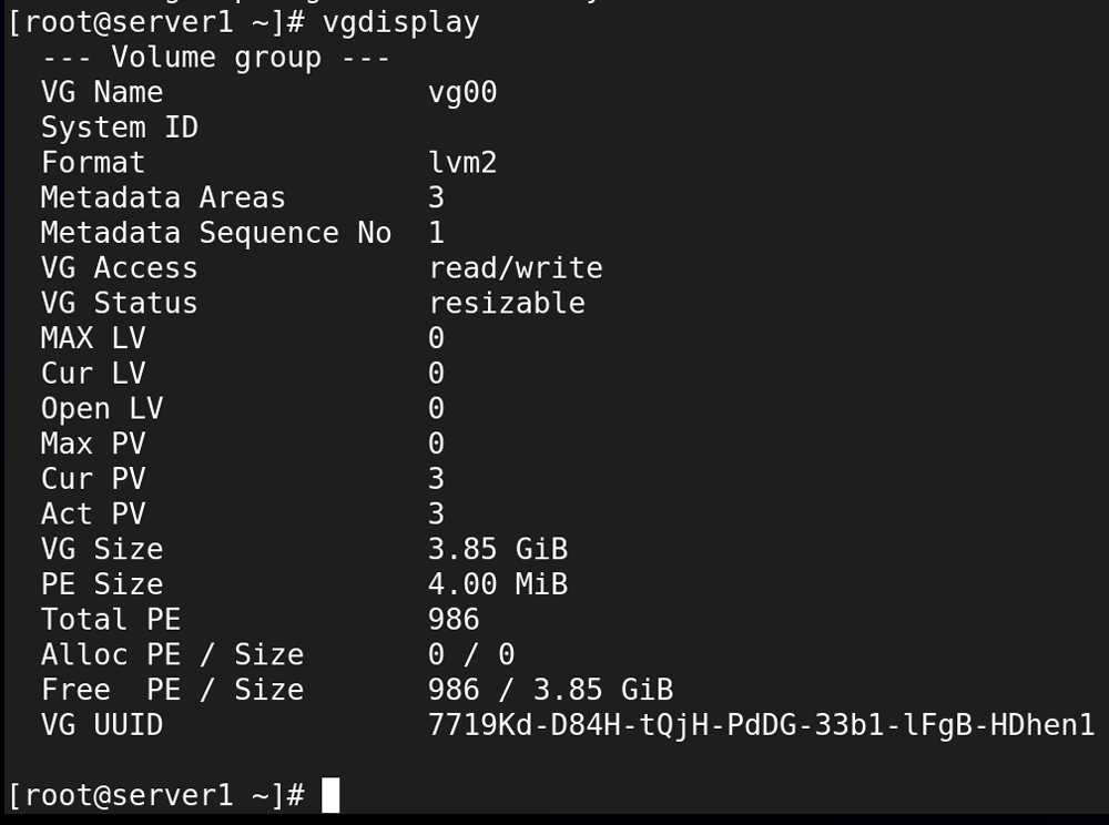 the vgdisplay command