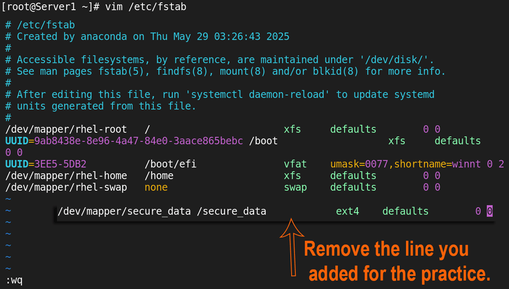 Remove entry from the /etc/fstab file