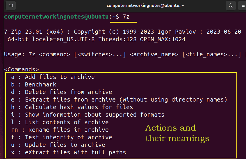 7zip command options and argument