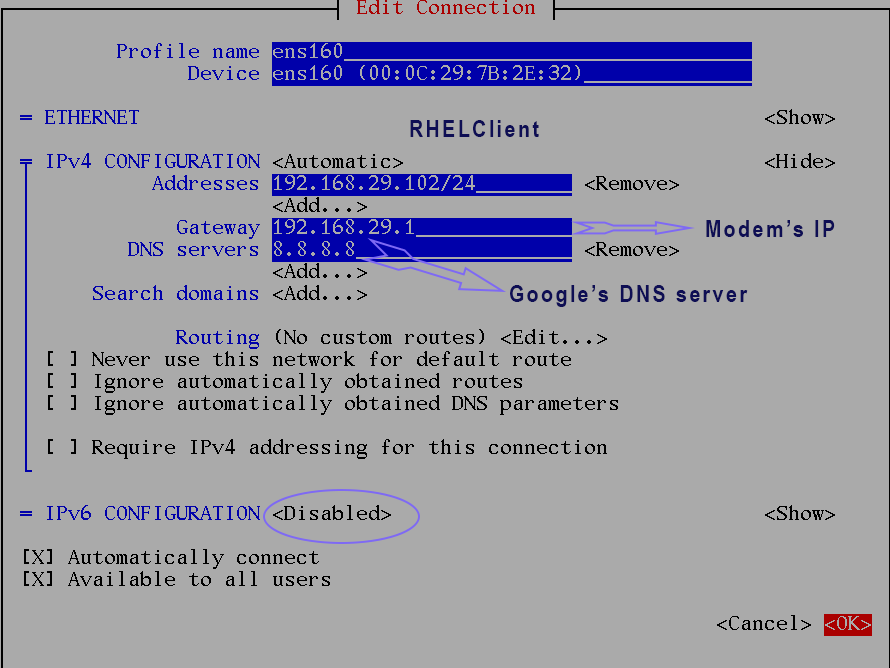 IP configuration on rhelclient