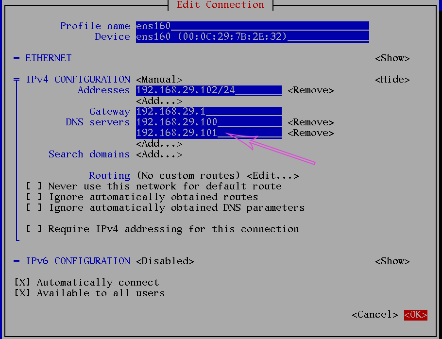 IP configuration on the client