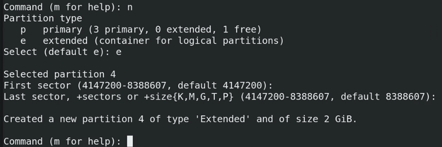 Creating new extended partition